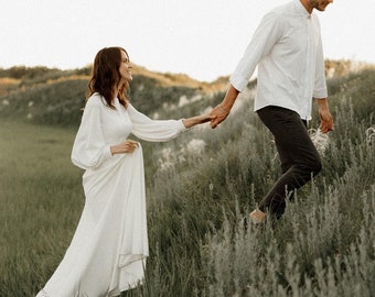 Boho long sleeve wedding dress, Puff sleeve wedding dress simple, A line wedding dress | REBECCA