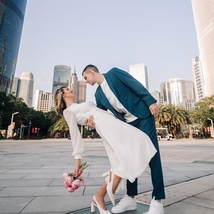 Tea length short wedding dress Long sleeves, Modest wedding dress simple, Midi bridal gown | MAYA