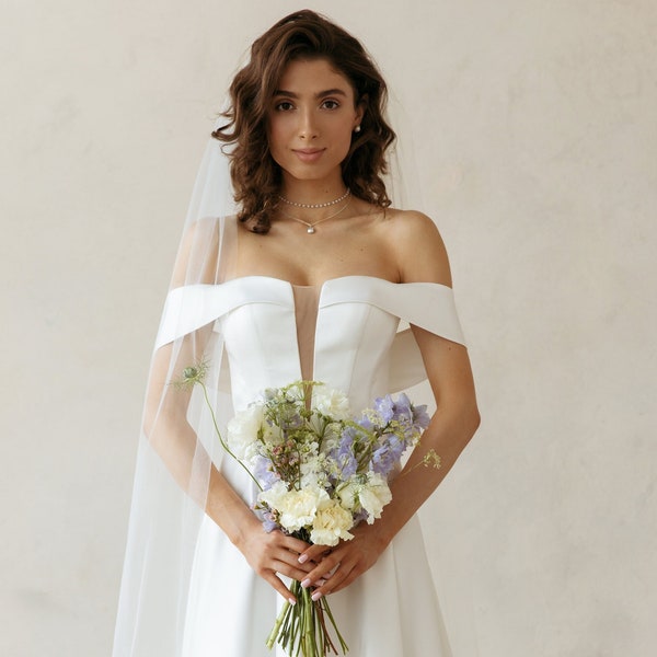 Satin corset wedding dress modest, Off the shoulder wedding dress deep v neck, Royal bridal gown | LANA
