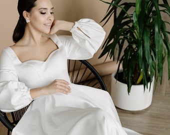 Classic wedding dress puff long sleeve, Satin a line wedding dress corset, Bridal gown | AURORA
