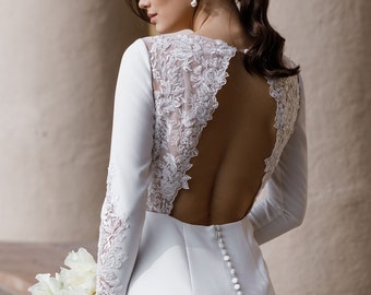 Mermaid lace wedding dress sexy, Long sleeve wedding dress crepe, Open back wedding dress | ABELLA