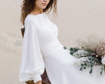 Boho long sleeve wedding dress, Puff sleeve wedding dress simple, A line wedding dress | REBECCA