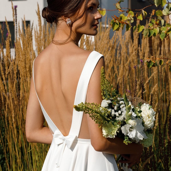 Simple wedding dress Modest, Satin wedding dress Elegant, A line wedding dress Open back | ANASTASIA