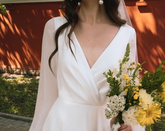 Elegant wrap bridal gown boho | Flowy crepe wedding gown | Closed back style | LOLA