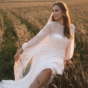 Chiffon long sleeve wedding gown | Simple vintage modest dress | Closed back | BRIE