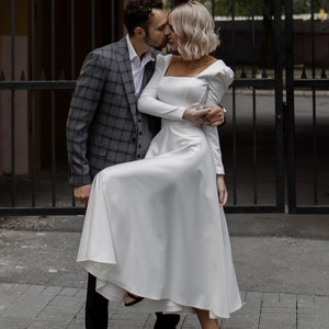 Midi length bridal gown short | Square neck elegant dress | Long sleeve tea length gown | HILLARY