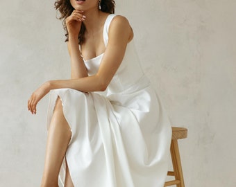 Elegant A-line Wedding Dress | Classic Square Neck Bridal Gown | Long Train Dress | JANICE