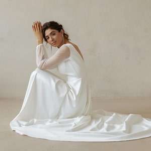 Modest A-Line wedding dress | Elegant bridal gown with boat neck | Long sleeve open back | CANDIE