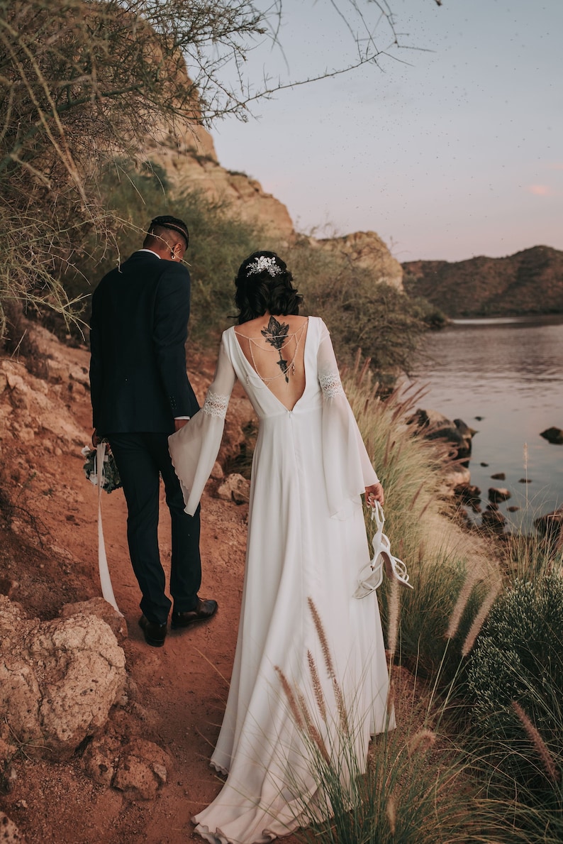Long Sleeve Beach Cold Shoulder Boho Rustic Wedding Gown TWA4482