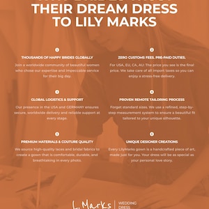 May include: An advertisement for Lily Marks wedding dresses. The image features text in white on an orange background, highlighting the brand's key selling points, including global support, premium materials, and unique designer creations.