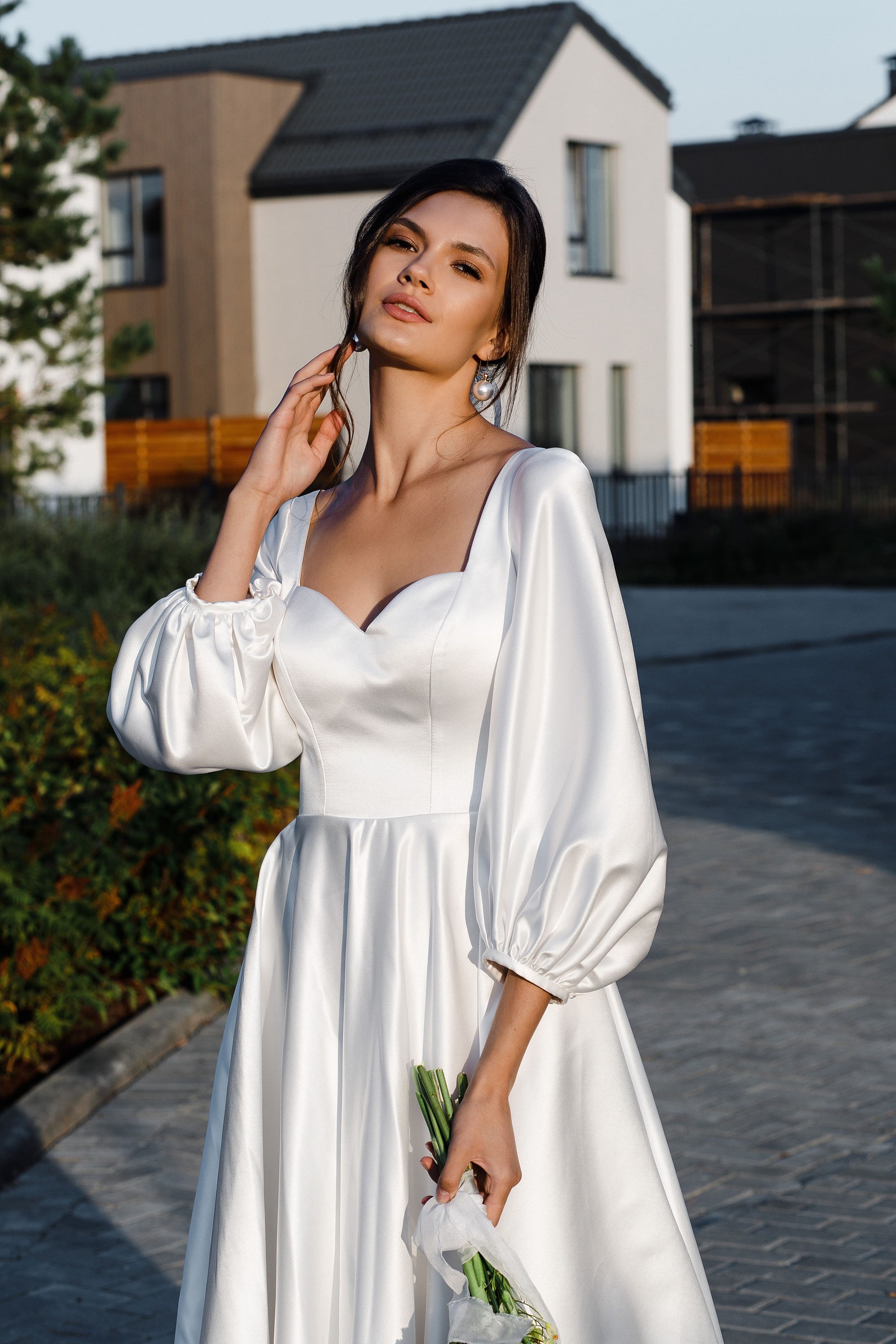 Classic Wedding Dress Puff Long Sleeve Satin a Line Wedding - Etsy Classic Wedding Dress Puff Long Sleeve Satin a Line Wedding - Etsy