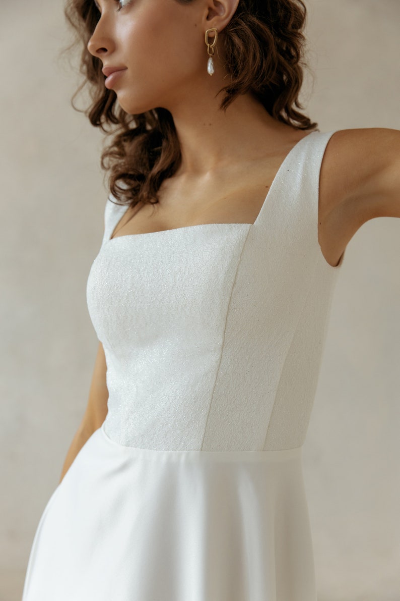 Simple a line wedding dress, Sequin casual wedding dress square neckline, Bridal dress JANICE image 3