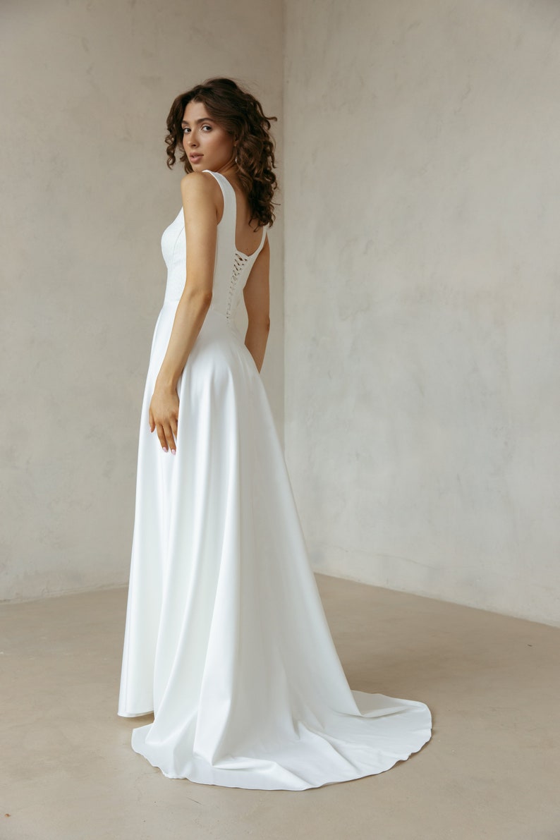Simple a line wedding dress, Sequin casual wedding dress square neckline, Bridal dress JANICE image 4
