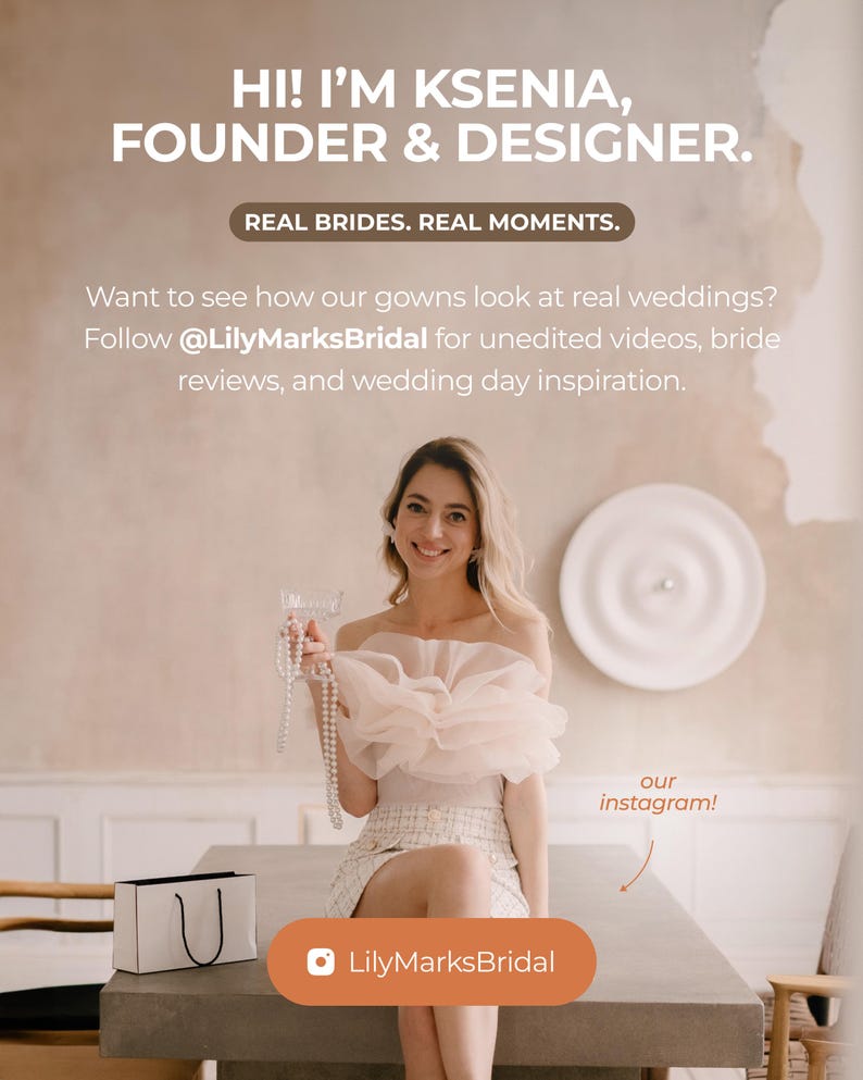 May include: A woman in a blush-colored, off-the-shoulder top and a patterned skirt poses with a wedding dress accessory. The image includes text that reads "HI! I'M KSENIA, FOUNDER & DESIGNER" and "REAL BRIDES. REAL MOMENTS."