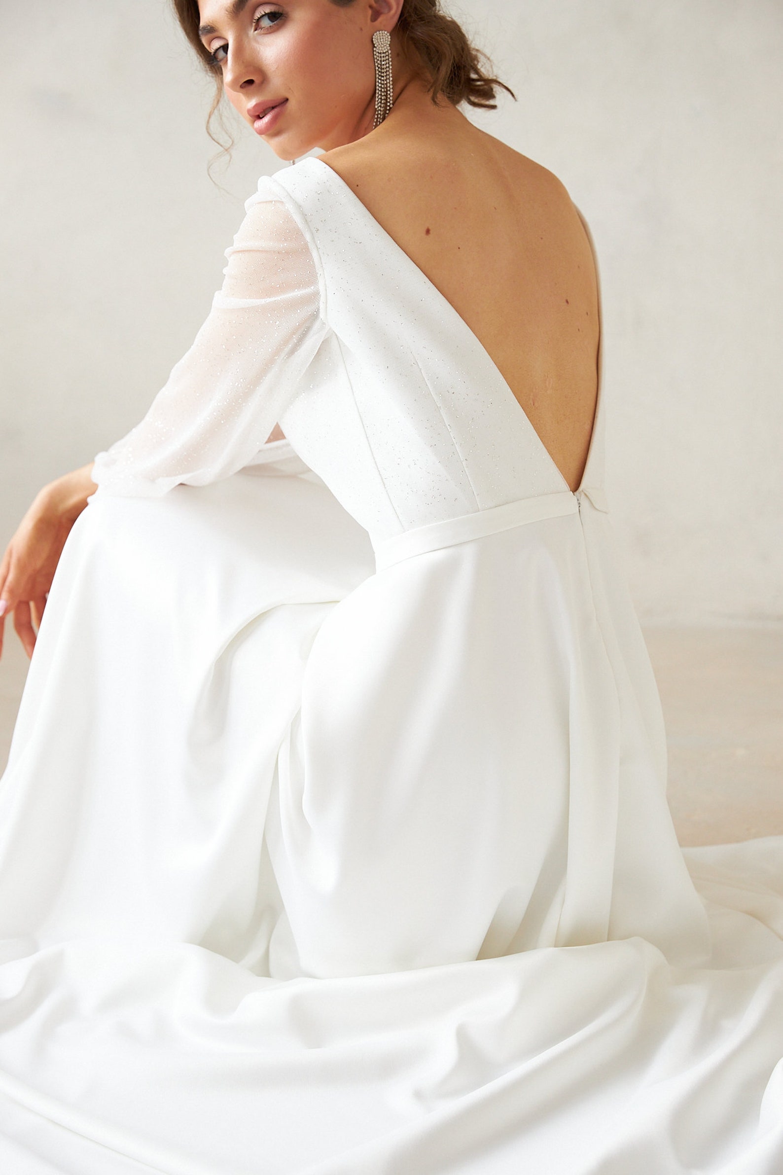 Simple Satin Wedding Dress Long Sleeves, Open Back Wedding Dress a Line ...