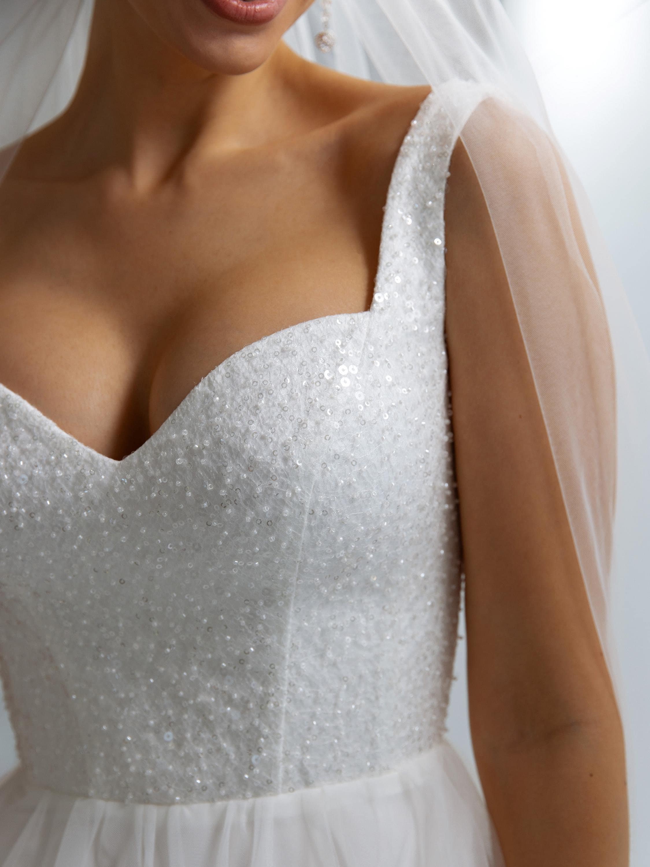 Corset lace bridal gown | Romantic tulle skirt with high slit | Luxury lace up corset gown | MARY.