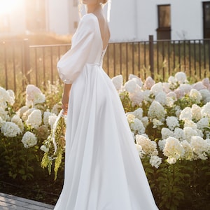 Classic wedding dress puff long sleeve, Satin a line wedding dress corset, Plunging neck bridal gown AURORA image 6