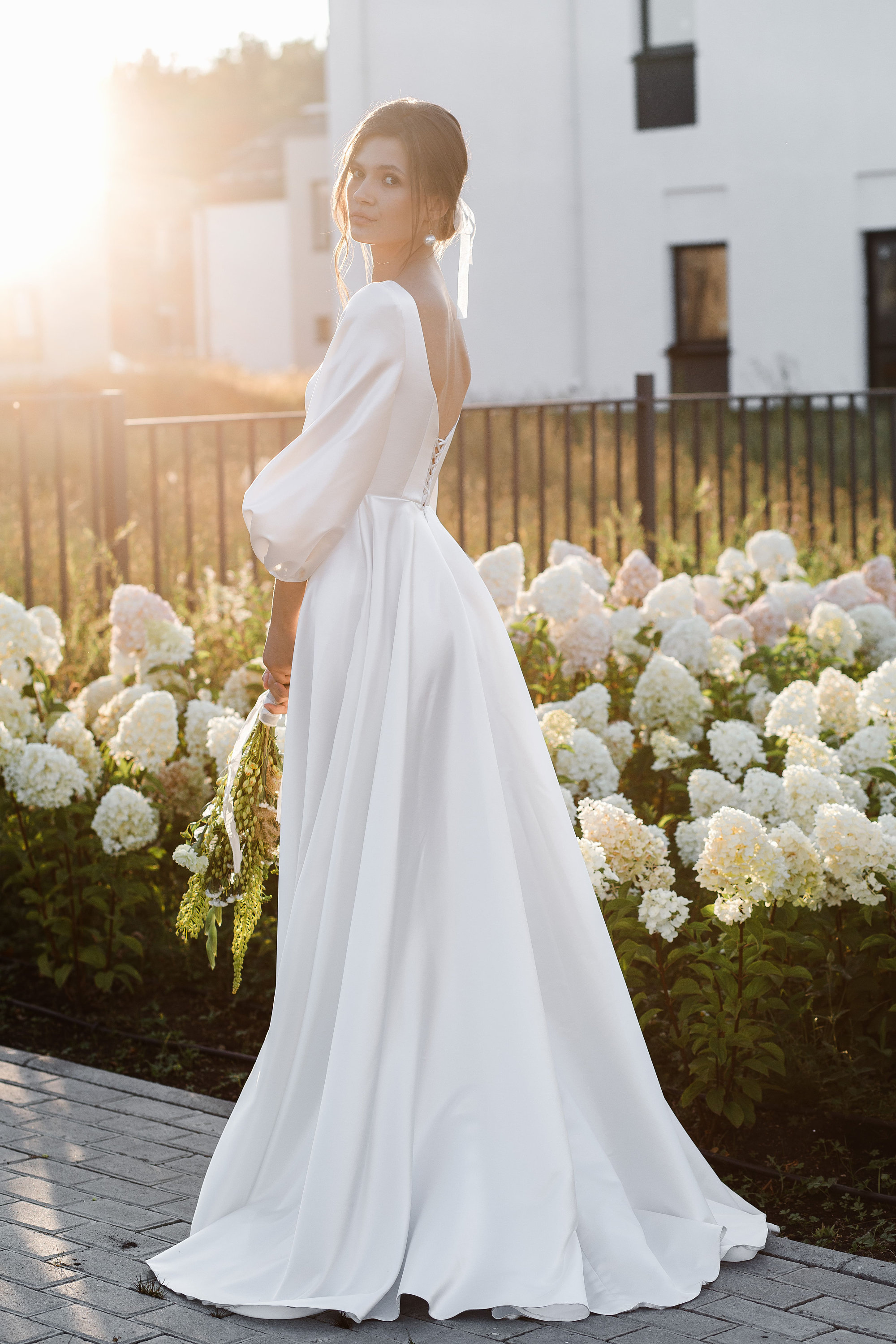 soft classic wedding dress Puff Long Sleeve, Satin a Line Wedding Dress Corset, Plunging Neck Bridal Gown | AURORA Size:M Woman