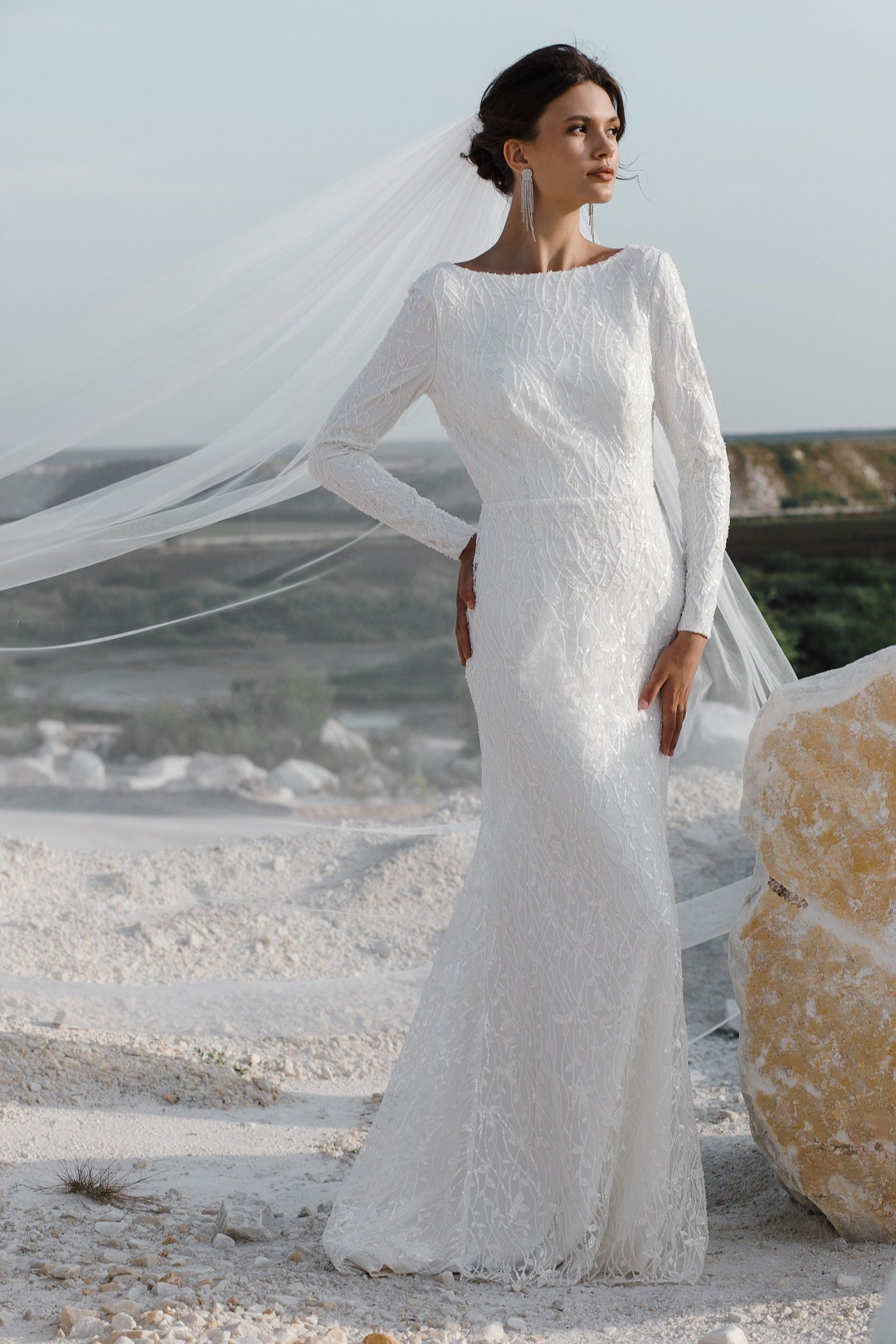 Lace Wedding Dress Mermaid, Bohemian Wedding Dress Long Sleeve, Modest Wedding Dress Backless, Winter Wedding Dress | Melissa