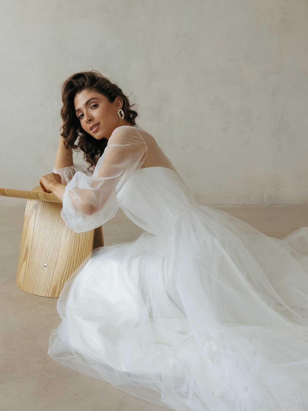 Elegant Lace Corset Bodice Sheer Sleeves A-line Tulle Wedding Dress main image 0