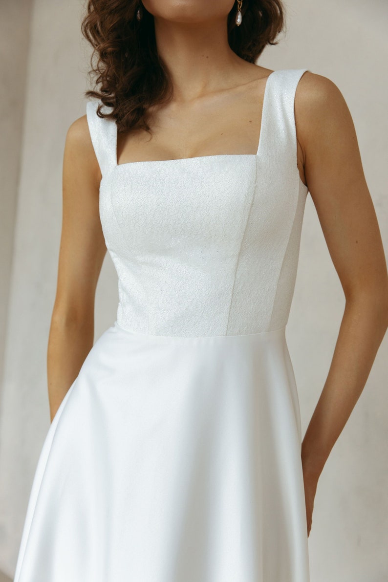 Simple a line wedding dress, Sequin casual wedding dress square neckline, Bridal dress JANICE image 1