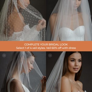 May include: Four images showcasing different bridal veil styles. The veils are white and sheer, with variations including polka dots and glitter. The text "COMPLETE YOUR BRIDAL LOOK" is displayed.