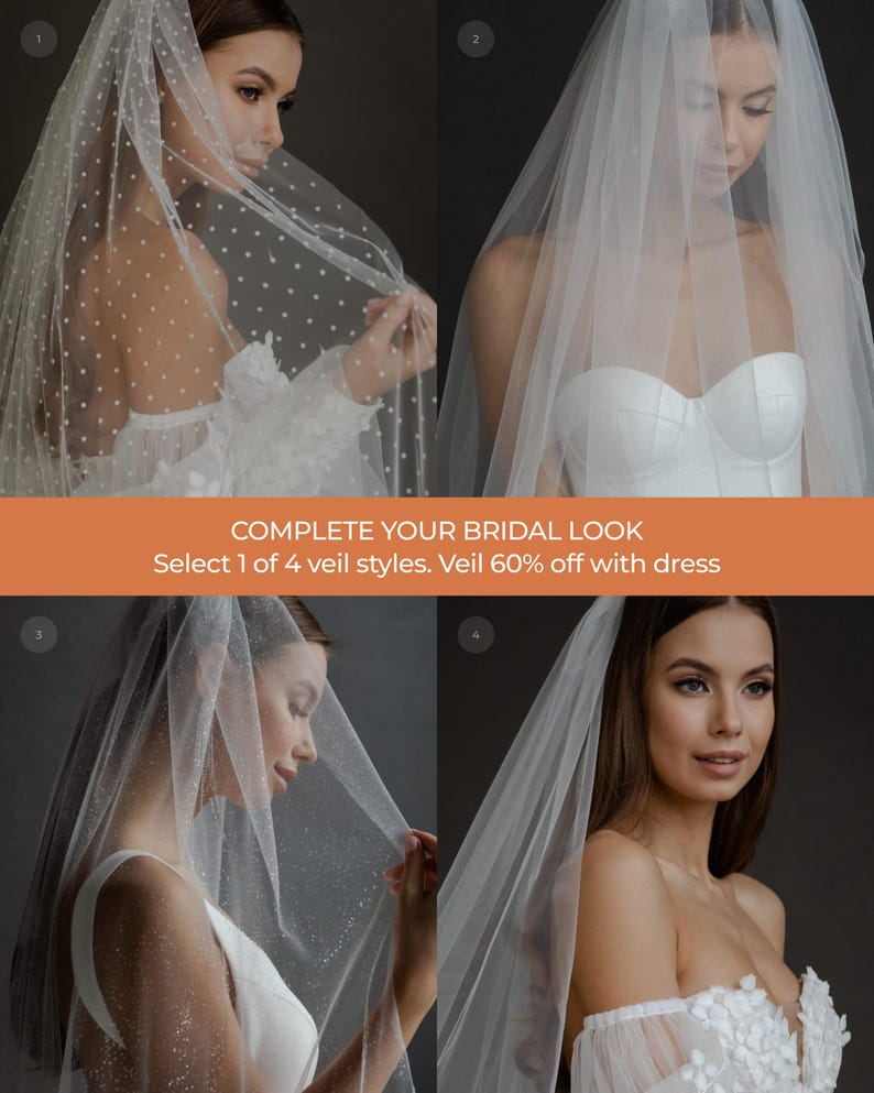 May include: Four images showcasing different bridal veil styles. The veils are white and sheer, with variations including polka dots and glitter. The text "COMPLETE YOUR BRIDAL LOOK" is displayed.