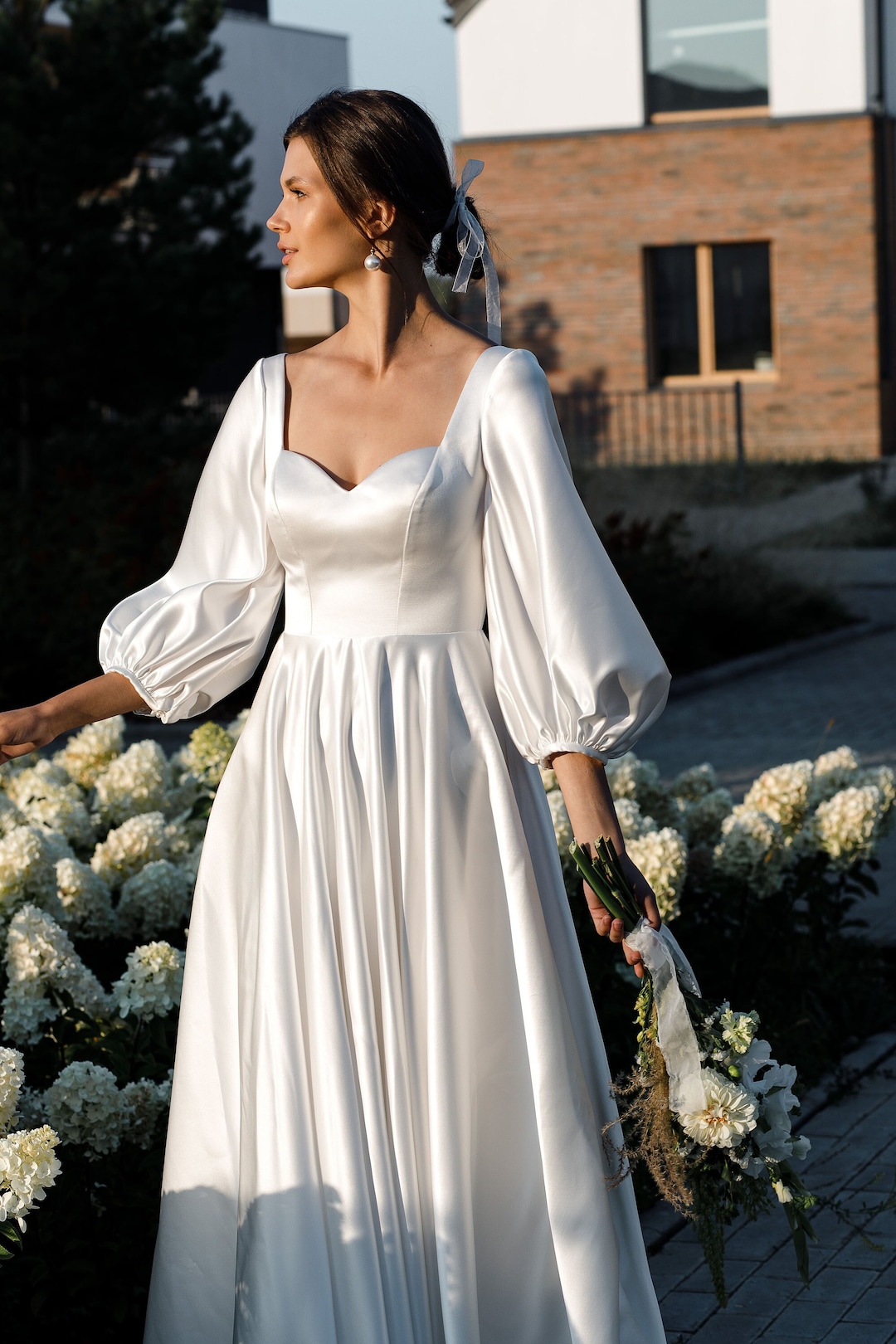 Classic Wedding Dress Puff Long Sleeve, Satin a Line Wedding Dress
