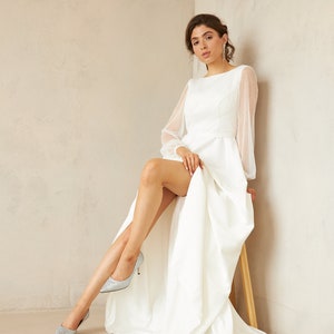 Simple satin wedding dress long sleeves, Open back wedding dress a line, Bridal qown - CANDIE