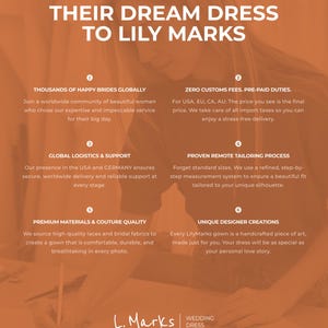 K&ouml;nnte beinhalten: Werbung f&uuml;r Lily Marks Brautkleider. Das Bild zeigt wei&szlig;en Text auf orangefarbenem Hintergrund, der die wichtigsten Verkaufsargumente der Marke hervorhebt, darunter globaler Support, keine Zollgeb&uuml;hren und einzigartige Designer-Kreationen.