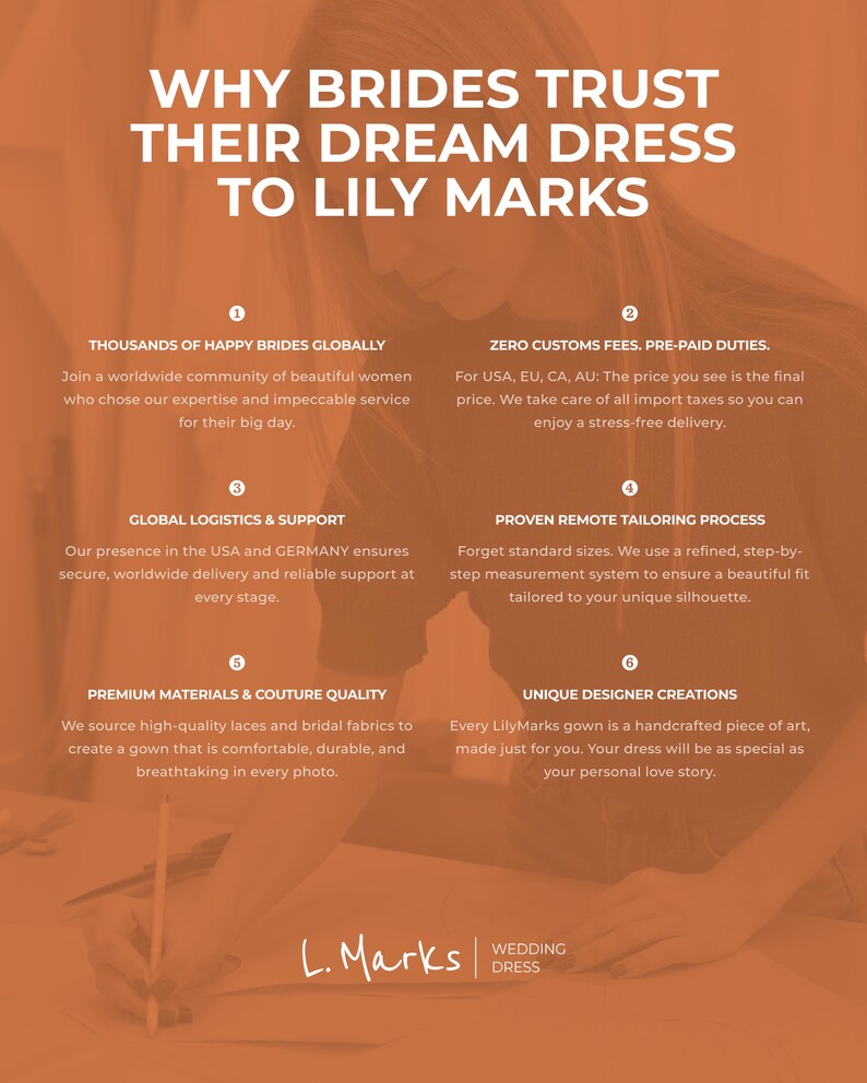 K&ouml;nnte beinhalten: Werbung f&uuml;r Lily Marks Brautkleider. Das Bild zeigt wei&szlig;en Text auf orangefarbenem Hintergrund, der die wichtigsten Verkaufsargumente der Marke hervorhebt, darunter globaler Support, keine Zollgeb&uuml;hren und einzigartige Designer-Kreationen.