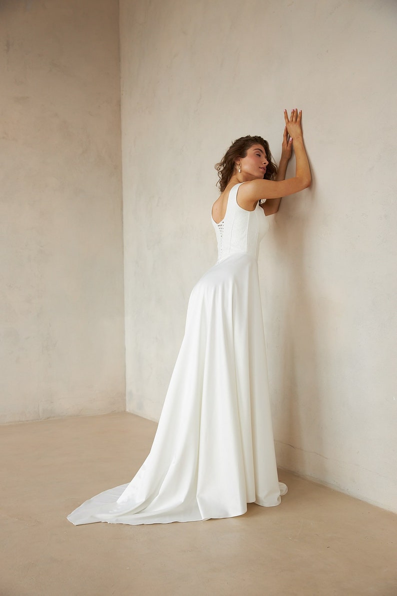 Simple a line wedding dress, Sequin casual wedding dress square neckline, Bridal dress JANICE image 8