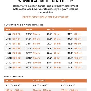May include: A white graphic with text about custom sizing for gowns. The text includes bust, waist, and hip measurements in inches and centimeters for various sizes, from US 0 to US 14. Height options are also listed.