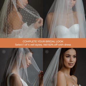 K&ouml;nnte beinhalten: Vier Bilder, die verschiedene Brautschleier-Stile zeigen. Die Schleier sind wei&szlig; und durchsichtig, mit Variationen wie Punkten und Glitzer. Der Text lautet: COMPLETE YOUR BRIDAL LOOK. Select 1 of 4 veil styles.