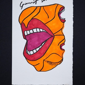 May include: A hand-drawn illustration of a face with multiple mouths, each with a different expression. The face is orange, with red and pink lips. The illustration is signed "Grimp shhh..." in black ink.