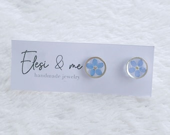 Pendientes de resina nomeolvides con flor azul prensada, pendientes de plata redondos nomeolvides con flor silvestre, pendientes de flores reales