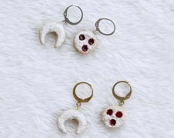 Vanilla crescents and Linzer eyes statement earrings, winter earrings, vanilla crescent jewelry, Linzer cookies, Christmas cookies, cookie earrings