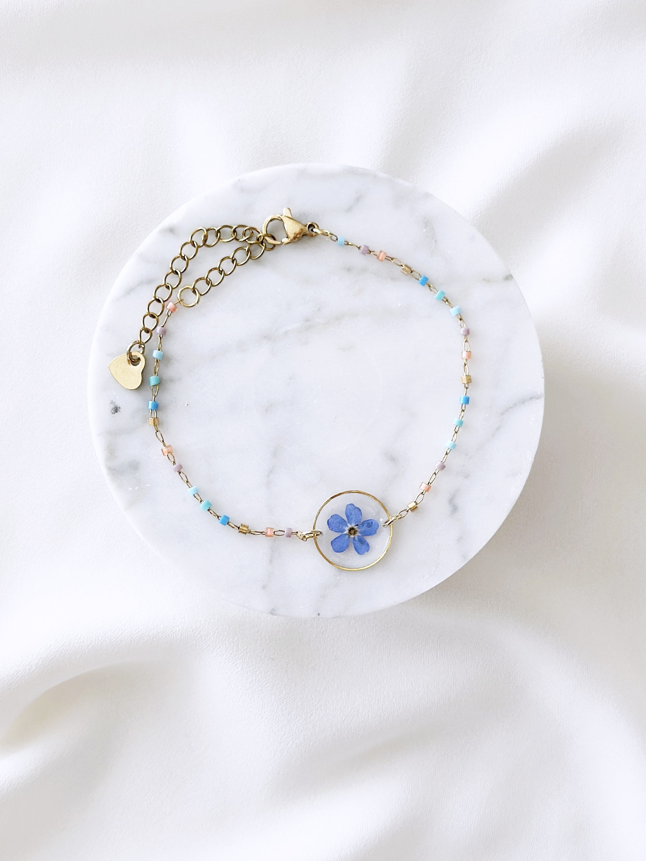 Forget-me-not Wildflower Bracelet With Colorful Beads, Blue