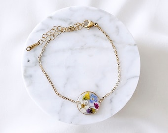 Colorful wildflower bracelet with link bracelet made of stainless steel gold-plated / silver-plated, wildflower forget-me-not gypsophila resin bracelet