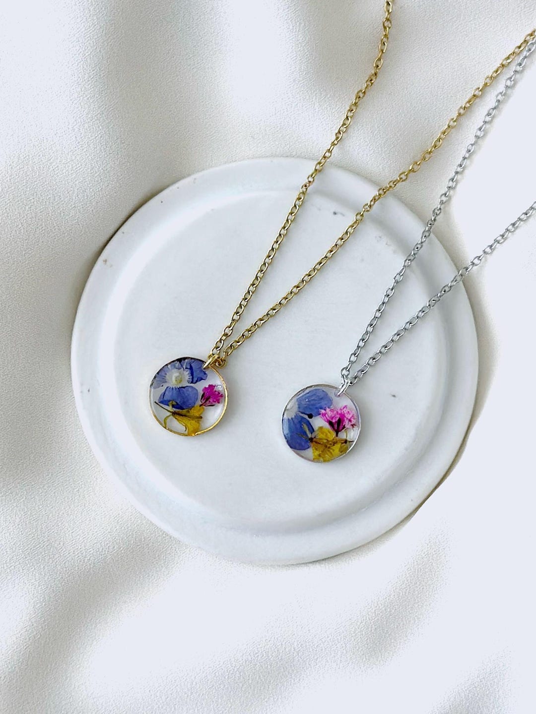 Real Flower Necklace With Pink, Blue, Yellow Pressed Wildflowers