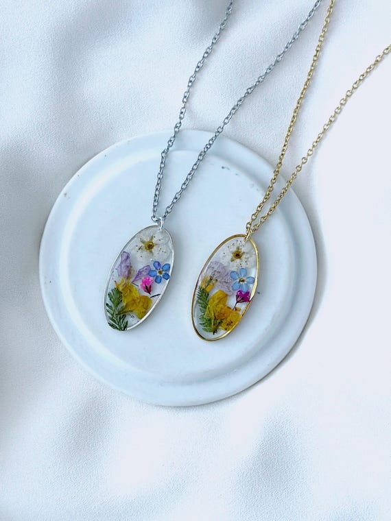 Oval Colorful Wildflower Necklace With Pressed Flowers, Elongated