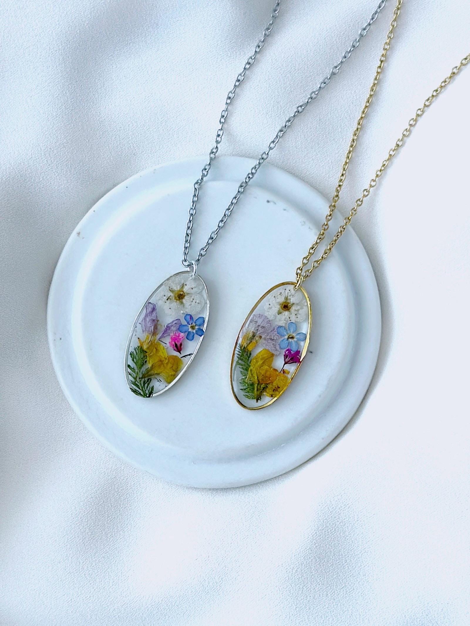 Oval Colorful Wildflower Necklace With Pressed Flowers, Elongated
