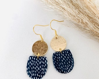 Dark blue ceramic look earrings, Half round earrings with a dot pattern, Handmade ceramic jewelry, Polymer clay, Blue dangling earrings