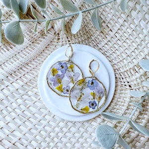 Large wildflower resin earrings pressed purple yellow wildflowers gold plated handmade, epoxy resin, colorful flower earrings, blossom earrings