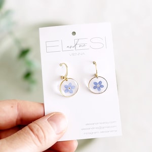 Small Forget-Me-Not Resin Earrings with Pressed Blue Flower & Leverback Clasp, Gold / Silver Epoxy Resin Wildflower Earrings