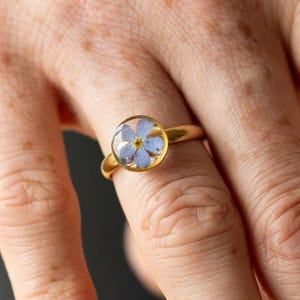 May include: A gold-colored ring featuring a clear, round setting encasing a delicate blue and yellow flower. The ring is on a finger, showcasing the floral design and the ring's polished finish.