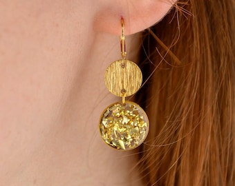 Golden Christmas drop earrings with golden glitter, winter resin earrings, Christmas earrings, resin glitter earrings, gold foil