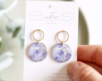 Wildflower resin earrings with light blue real lobelia flowers and gold-plated ring studs, handmade epoxy resin flower jewelry