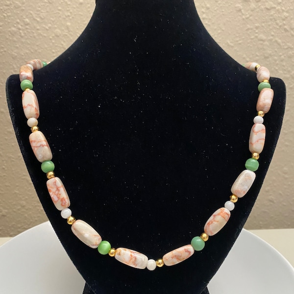 Natural Stone and MOON-GLOW GLASS Bead Necklace--Vintage