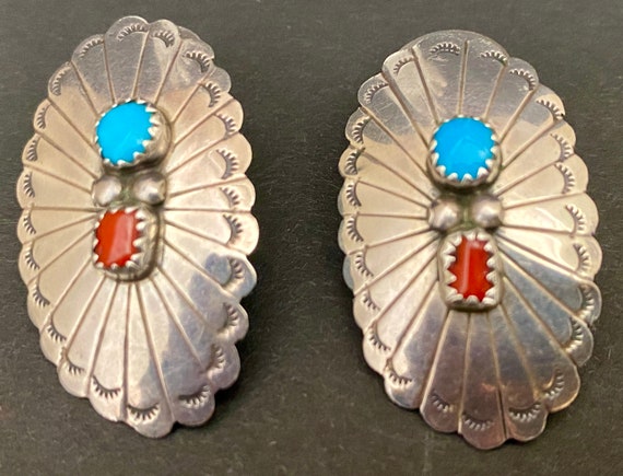 JEFF LARGO TURQUOISE, Coral and Silver Navaho Ear… - image 2
